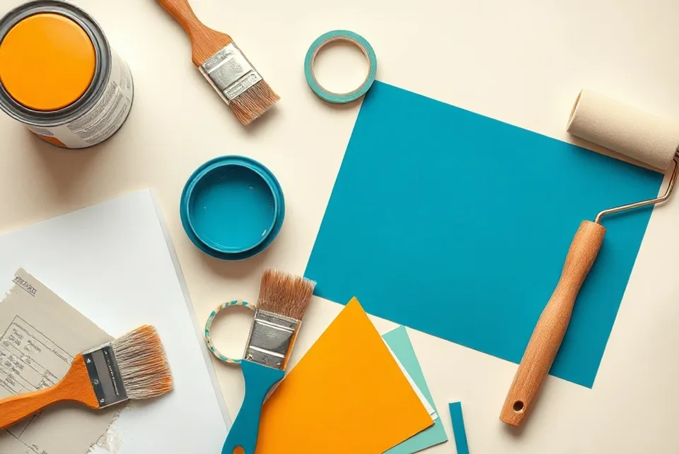 Pots de peinture, nuancier, brosses et rouleaux disposés à plat