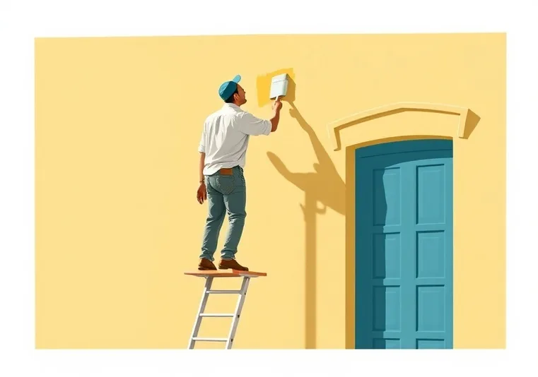 Peintre sur échafaudage traitant la façade d'une maison