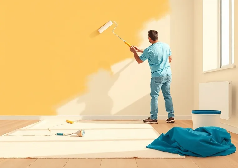 Peintre appliquant la peinture au rouleau sur un mur de salon