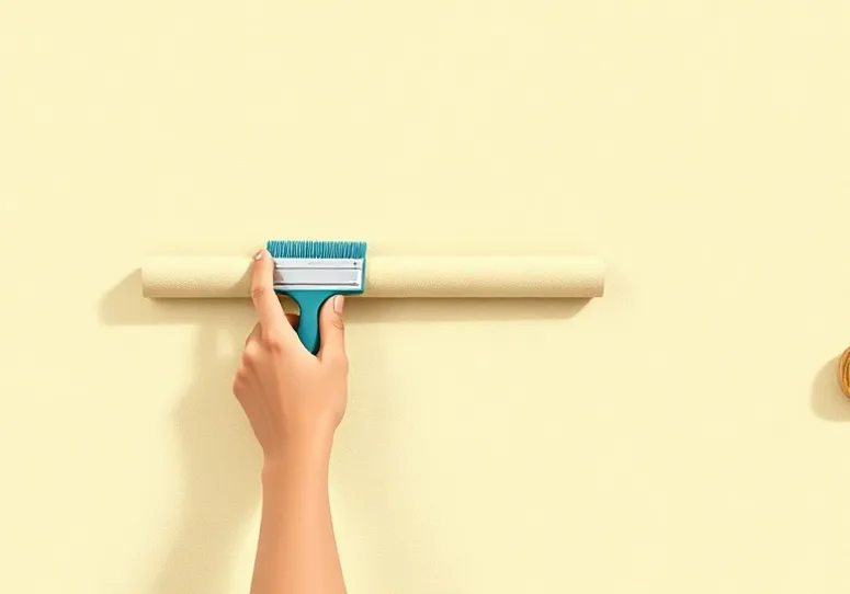 Pose de papier peint, rouleau et brosse à maroufler